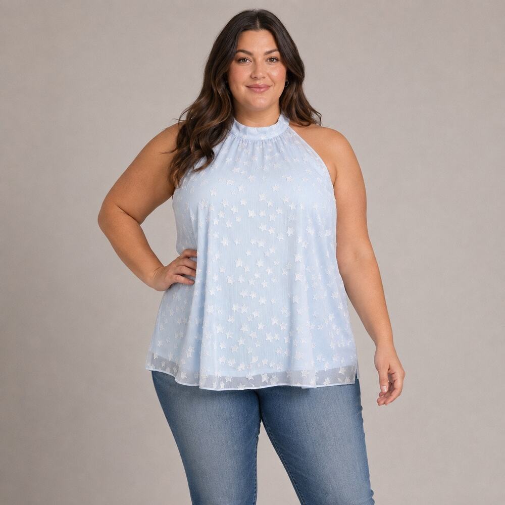FSL Apparel Womens 3X Blue Star Print Halter Neck Sleeveless Blouse Top Plus Sz
